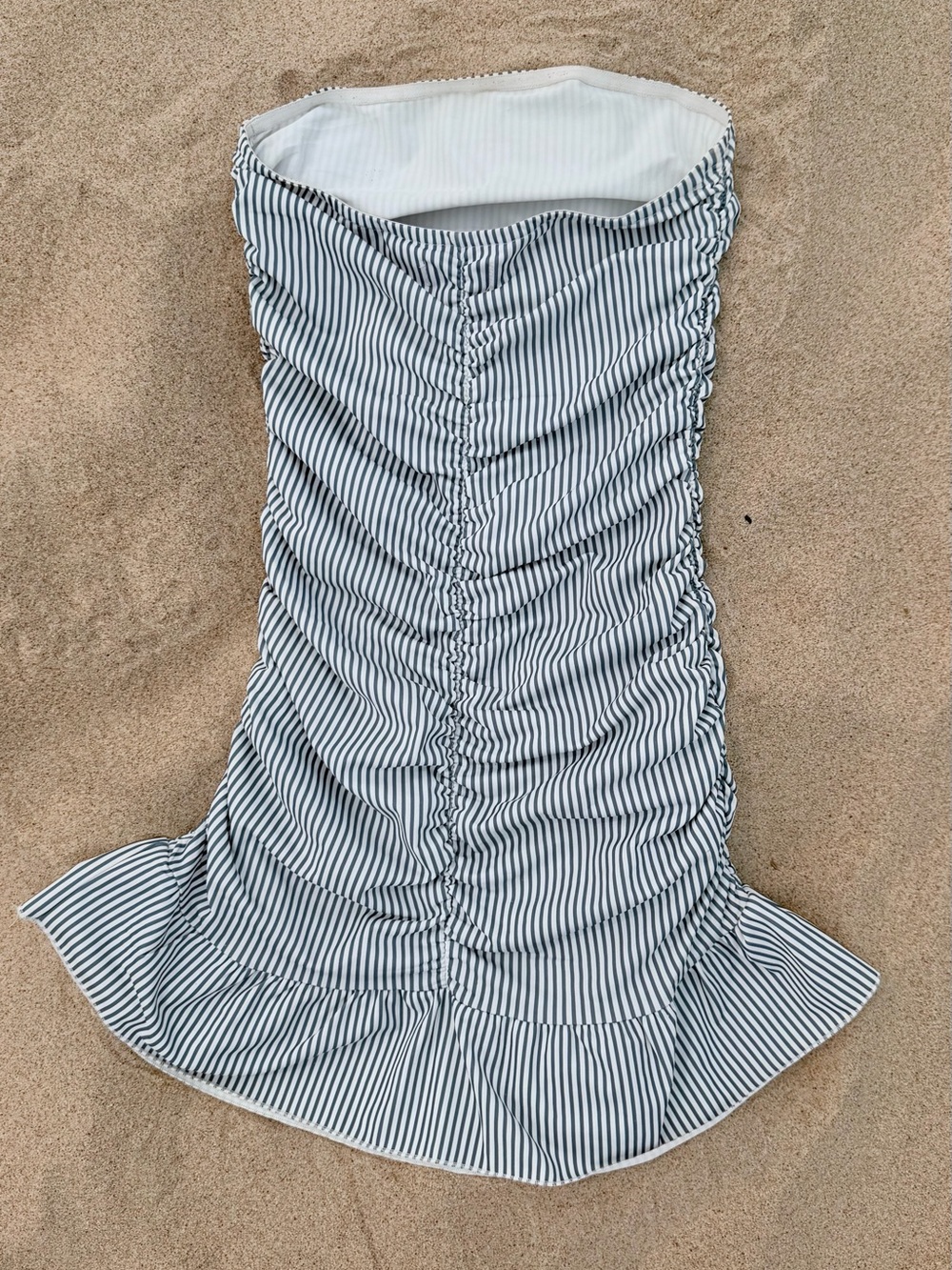 Edikted Striped Strapless Ruffled Swim Dress in Blue and White - Picture 2 of 5
